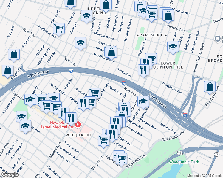 map of restaurants, bars, coffee shops, grocery stores, and more near 56-58 Bock Avenue in Newark