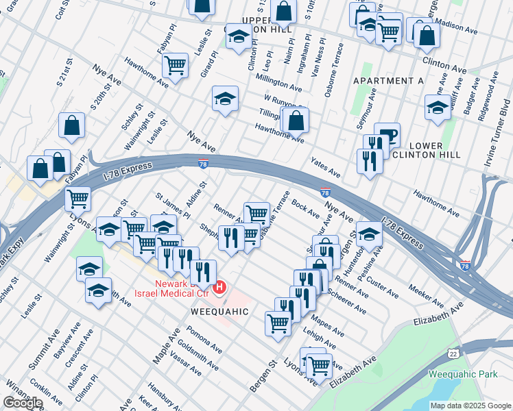 map of restaurants, bars, coffee shops, grocery stores, and more near 88 Huntington Terrace in Newark