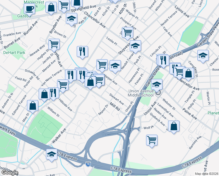 map of restaurants, bars, coffee shops, grocery stores, and more near 14 Lindsley Avenue in Irvington