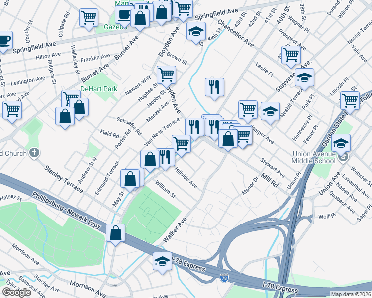map of restaurants, bars, coffee shops, grocery stores, and more near 98 Van Ness Court in Maplewood