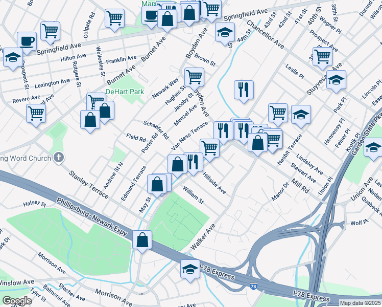 map of restaurants, bars, coffee shops, grocery stores, and more near 20 Berkley Street in Maplewood