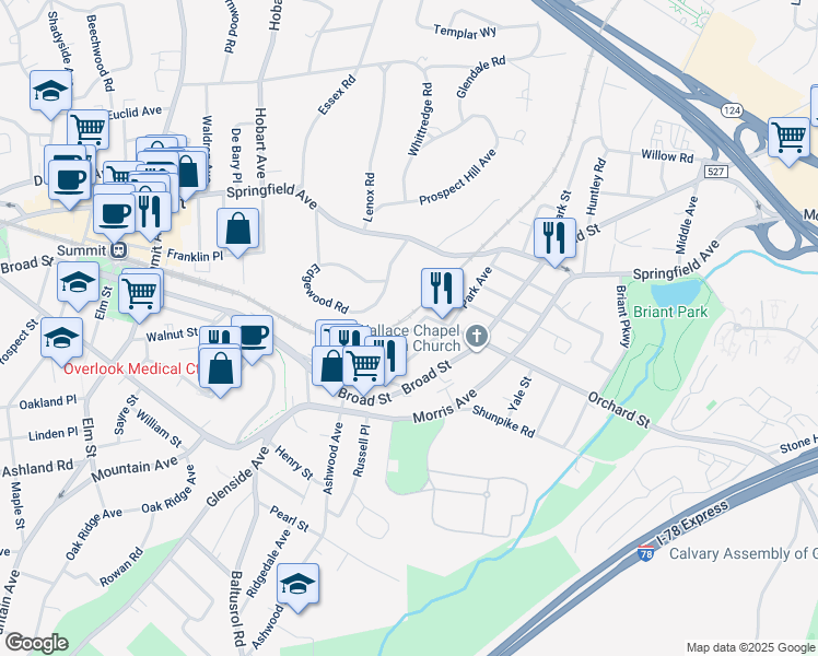 map of restaurants, bars, coffee shops, grocery stores, and more near 41 Orchard Street in Summit