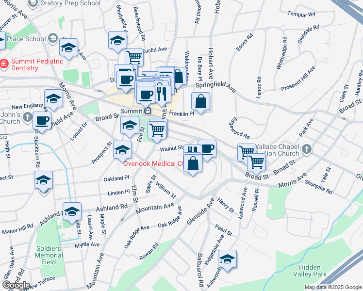 map of restaurants, bars, coffee shops, grocery stores, and more near 17 Walnut Street in Summit