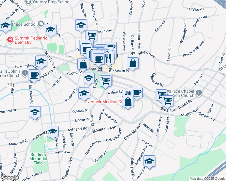 map of restaurants, bars, coffee shops, grocery stores, and more near 23 Summit Avenue in Summit