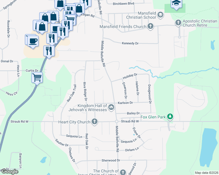 map of restaurants, bars, coffee shops, grocery stores, and more near 1702 Middle Bellville Road in Mansfield