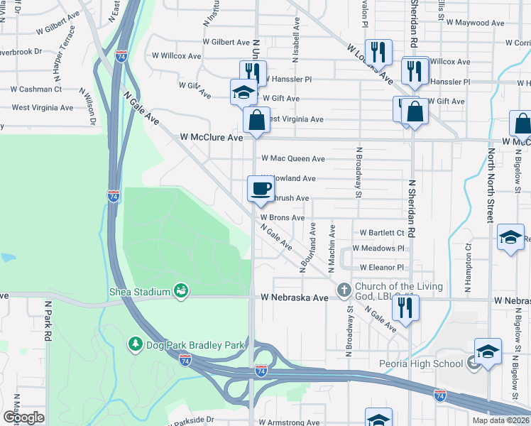 map of restaurants, bars, coffee shops, grocery stores, and more near 2200 North University Street in Peoria