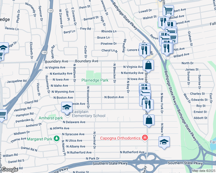 map of restaurants, bars, coffee shops, grocery stores, and more near 294 North Idaho Avenue in Massapequa