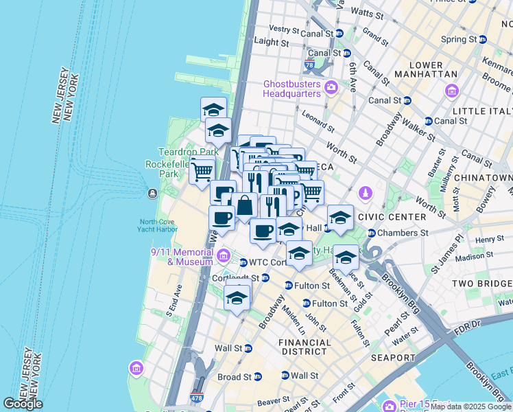 map of restaurants, bars, coffee shops, grocery stores, and more near 255 Greenwich Street in New York