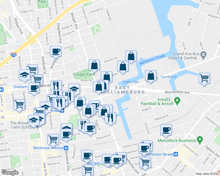 map of restaurants, bars, coffee shops, grocery stores, and more near 200 Vandervoort Avenue in Brooklyn