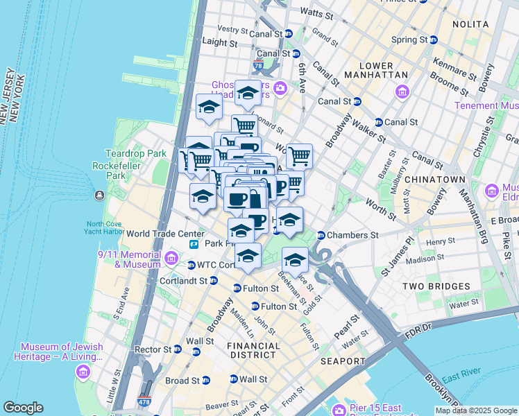 map of restaurants, bars, coffee shops, grocery stores, and more near 165 Church Street in New York