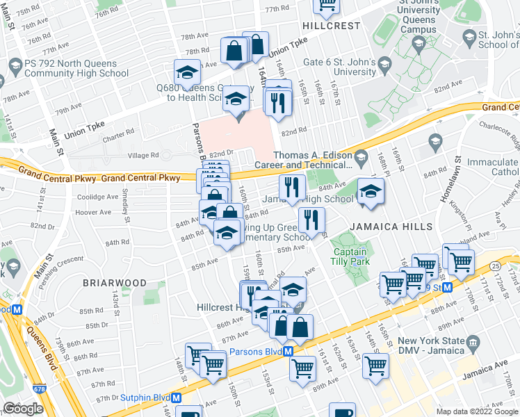 map of restaurants, bars, coffee shops, grocery stores, and more near 160-19 84th Road in Queens