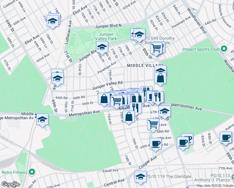 map of restaurants, bars, coffee shops, grocery stores, and more near 66-43 75th Street in Queens
