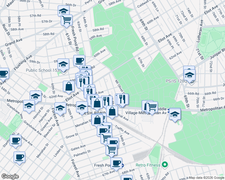 map of restaurants, bars, coffee shops, grocery stores, and more near 64-16 62nd Avenue in Queens