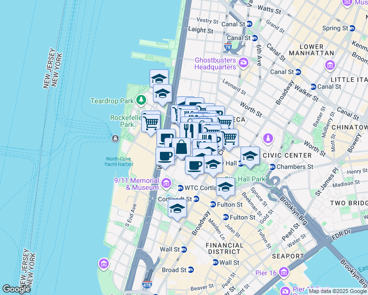 map of restaurants, bars, coffee shops, grocery stores, and more near 224-240 Greenwich Street in New York
