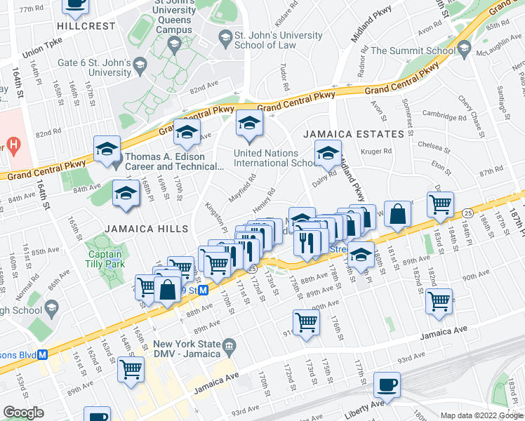 map of restaurants, bars, coffee shops, grocery stores, and more near 172-66 Henley Road in Queens