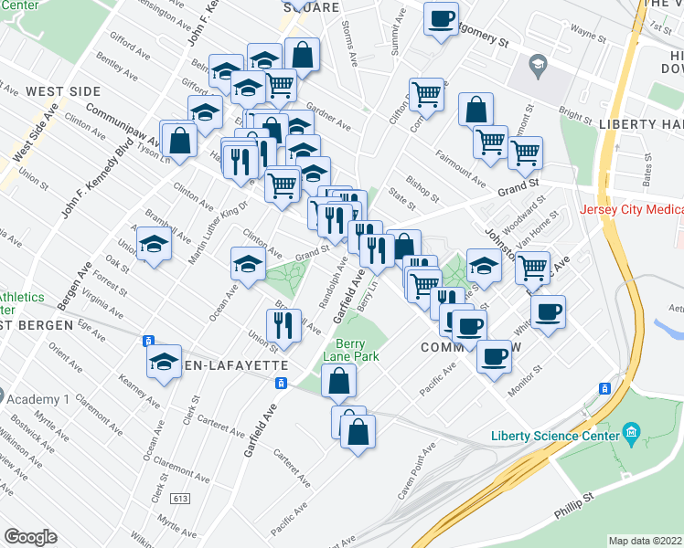 map of restaurants, bars, coffee shops, grocery stores, and more near 342 Randolph Avenue in Jersey City