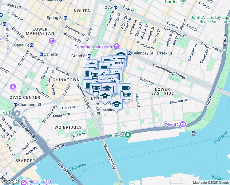 map of restaurants, bars, coffee shops, grocery stores, and more near Canal St & Essex St in New York