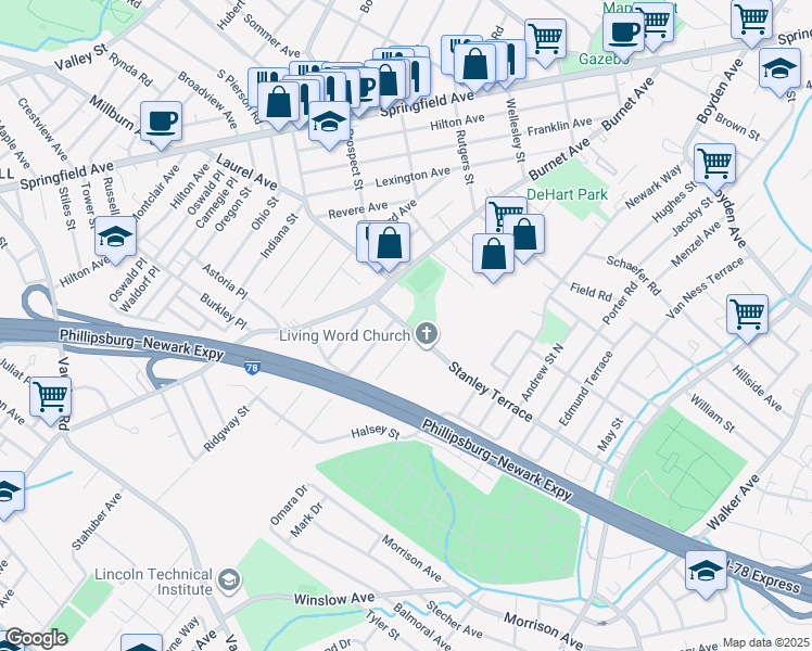 map of restaurants, bars, coffee shops, grocery stores, and more near 2221 Stanley Terrace in Union