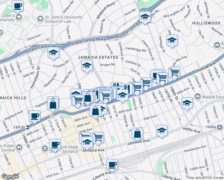 map of restaurants, bars, coffee shops, grocery stores, and more near Wexford Terrace in Queens