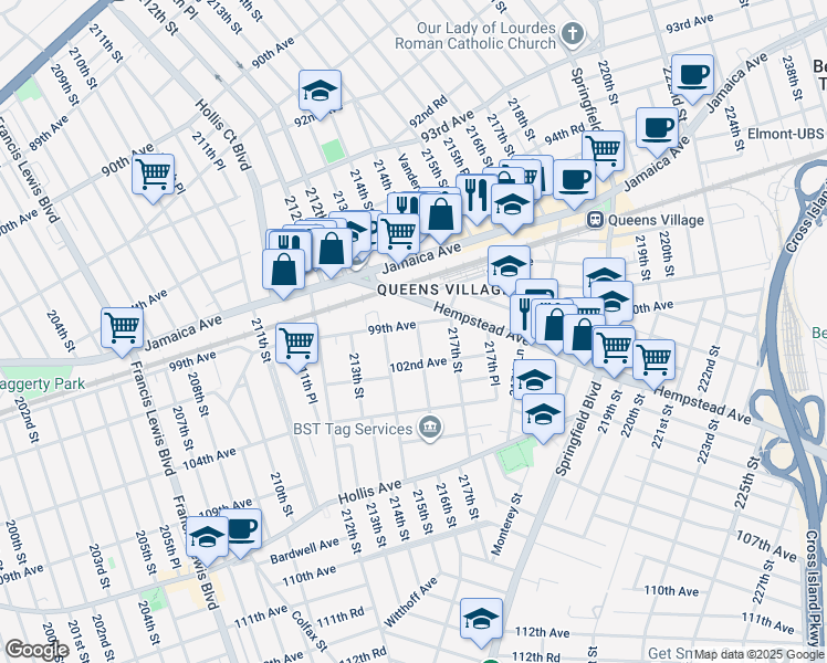 map of restaurants, bars, coffee shops, grocery stores, and more near 9904 216th Street in Queens