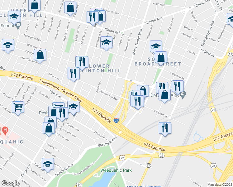 map of restaurants, bars, coffee shops, grocery stores, and more near 57 West Peddie Street in Newark