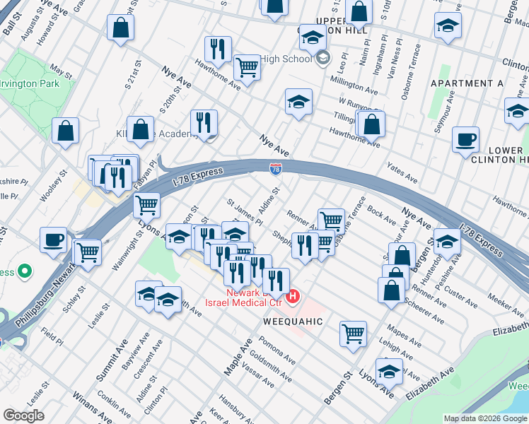 map of restaurants, bars, coffee shops, grocery stores, and more near 36 Aldine Street in Newark