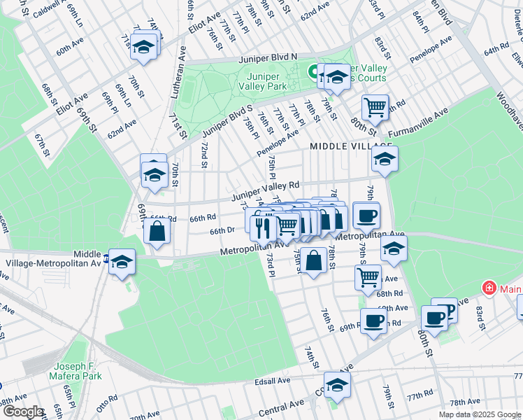 map of restaurants, bars, coffee shops, grocery stores, and more near 66-29 74th Street in Queens