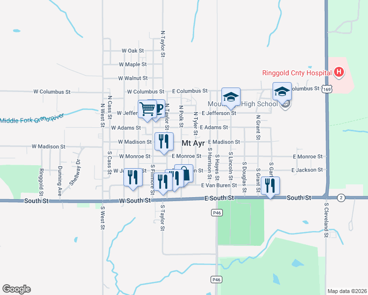 map of restaurants, bars, coffee shops, grocery stores, and more near 102 South Polk Street in Mount Ayr