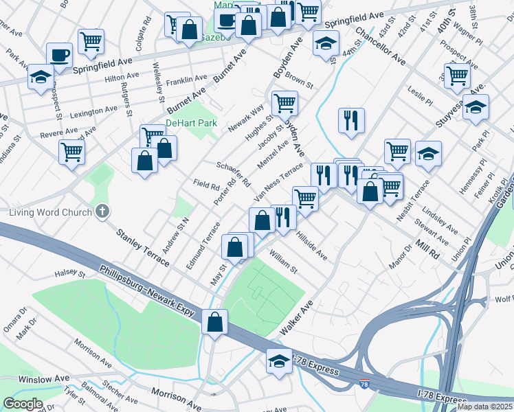 map of restaurants, bars, coffee shops, grocery stores, and more near 72 Van Ness Terrace in Maplewood