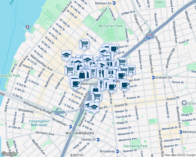 map of restaurants, bars, coffee shops, grocery stores, and more near 498 Metropolitan Avenue in Brooklyn