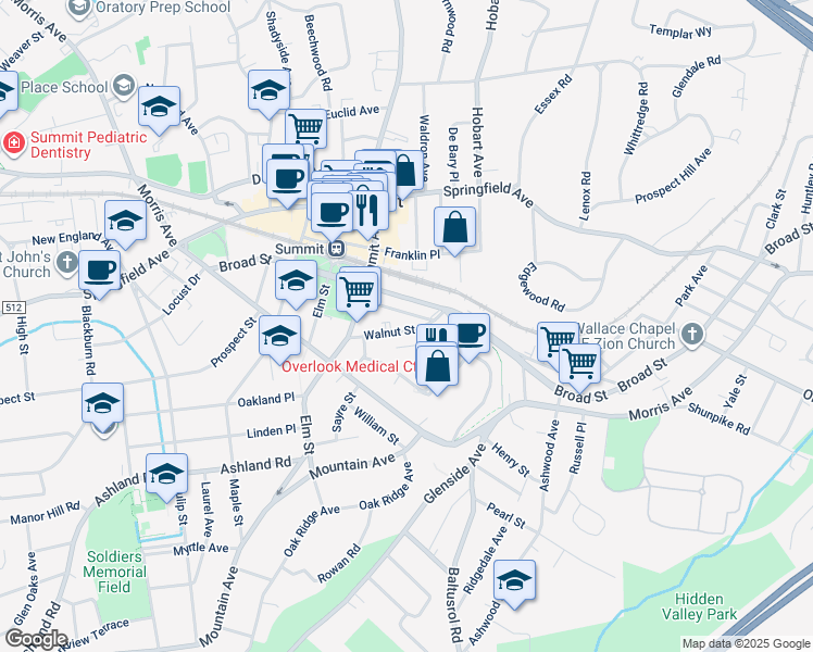 map of restaurants, bars, coffee shops, grocery stores, and more near 17 Walnut Street in Summit