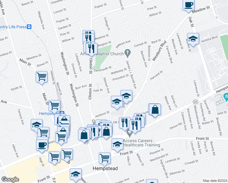 map of restaurants, bars, coffee shops, grocery stores, and more near 99 Harvard Street in Hempstead