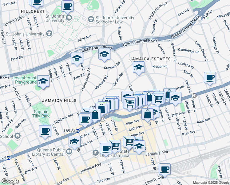map of restaurants, bars, coffee shops, grocery stores, and more near 175-24 Devonshire Road in Queens