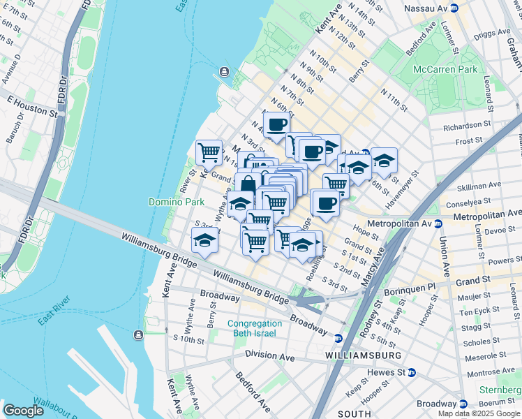 map of restaurants, bars, coffee shops, grocery stores, and more near 156 Grand Street in Brooklyn