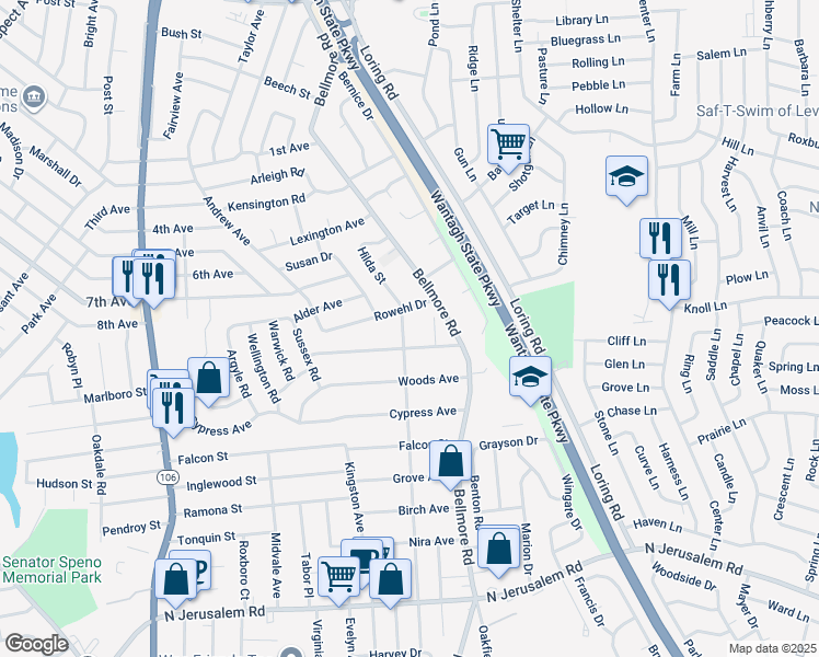 map of restaurants, bars, coffee shops, grocery stores, and more near 393 Hilda Street in East Meadow