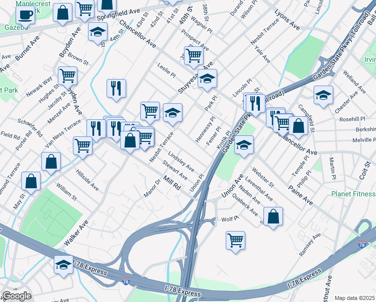 map of restaurants, bars, coffee shops, grocery stores, and more near 106 Harper Ave in Irvington