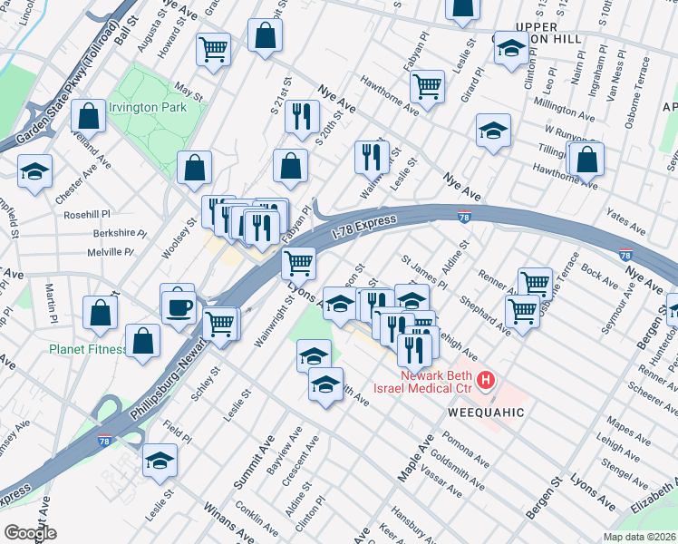 map of restaurants, bars, coffee shops, grocery stores, and more near 275 Leslie Street in Newark
