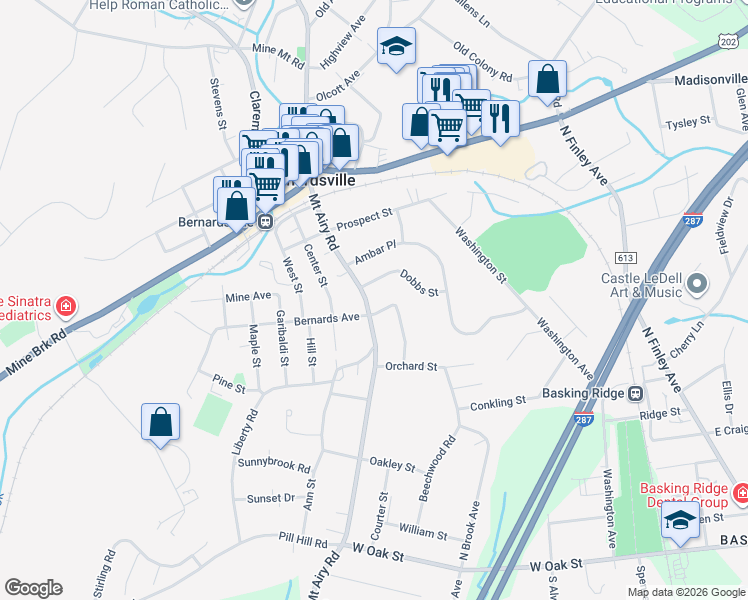 map of restaurants, bars, coffee shops, grocery stores, and more near 60 Mount Airy Road in Bernardsville