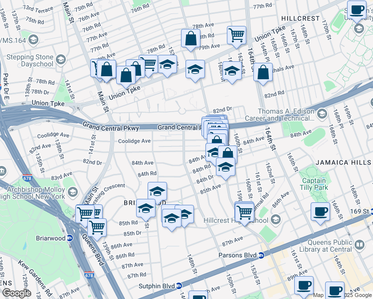 map of restaurants, bars, coffee shops, grocery stores, and more near 147-73 Hoover Avenue in Queens