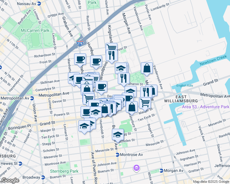 map of restaurants, bars, coffee shops, grocery stores, and more near 890 Metropolitan Avenue in Brooklyn