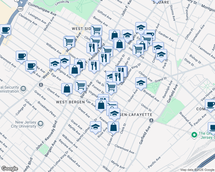 map of restaurants, bars, coffee shops, grocery stores, and more near 82 Oak Street in Jersey City