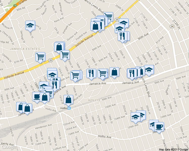 map of restaurants, bars, coffee shops, grocery stores, and more near 91-07 197th Street in Queens