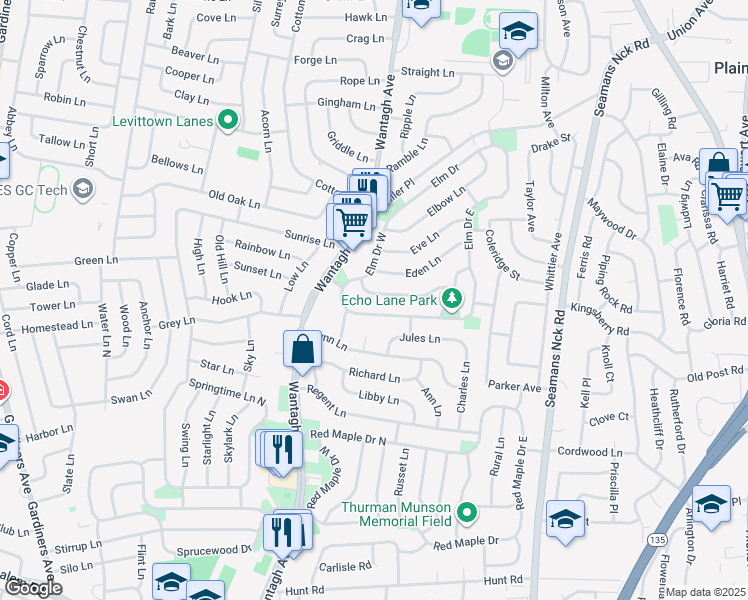 map of restaurants, bars, coffee shops, grocery stores, and more near 20 Elves Lane in Levittown