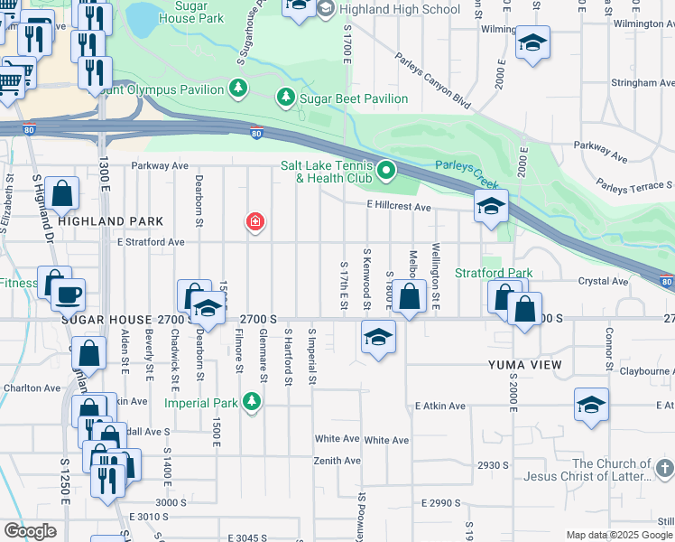 map of restaurants, bars, coffee shops, grocery stores, and more near 2646 South 1700 East in Salt Lake City