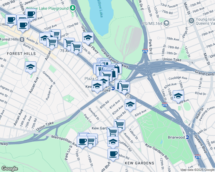 map of restaurants, bars, coffee shops, grocery stores, and more near 118-24 Queens Boulevard in Queens