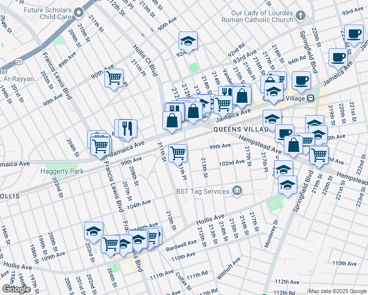 map of restaurants, bars, coffee shops, grocery stores, and more near 211-37 99th Avenue in Queens