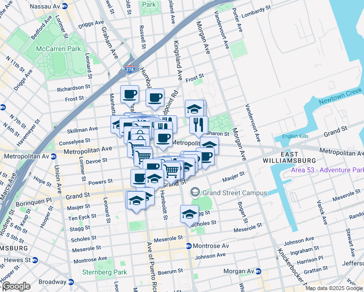 map of restaurants, bars, coffee shops, grocery stores, and more near 834 Metropolitan Avenue in Brooklyn