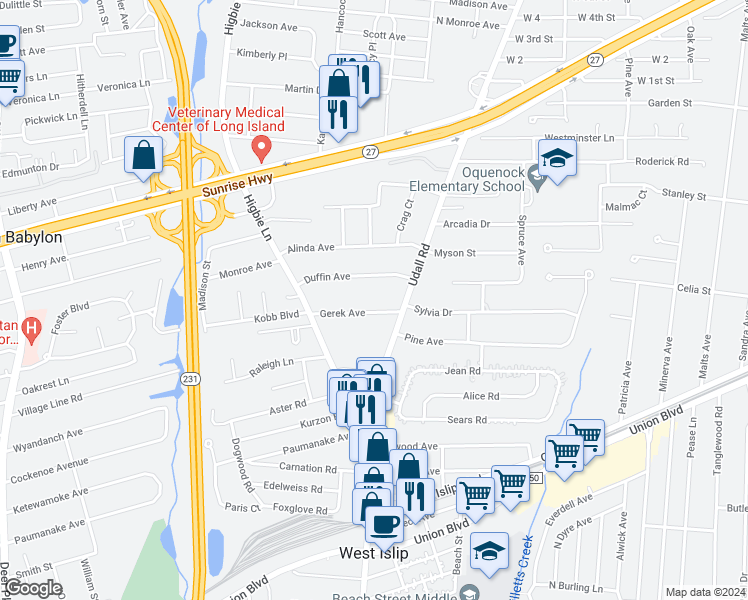 map of restaurants, bars, coffee shops, grocery stores, and more near 19 Gerek Avenue in West Islip