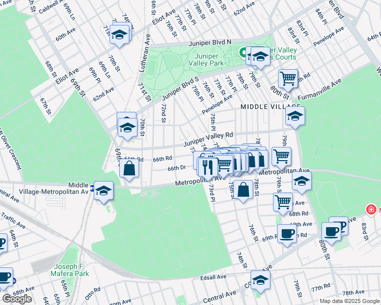 map of restaurants, bars, coffee shops, grocery stores, and more near 72-35 66th Road in Queens