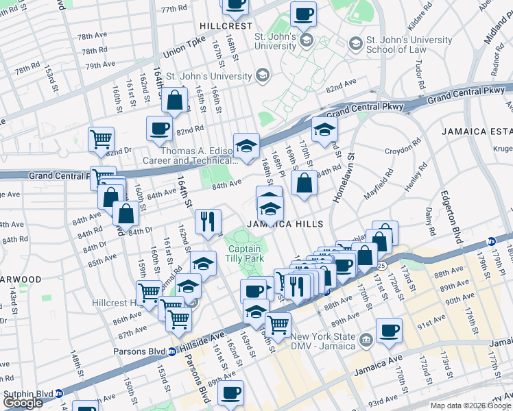 map of restaurants, bars, coffee shops, grocery stores, and more near 167-01 Gothic Drive in Queens